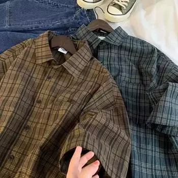 Vintage Plaid Short Sleeve Shirt Men s Streetwear Loose Fit High-end Feel Casual Stylish Versatile Half Sleeve Jacket XXL