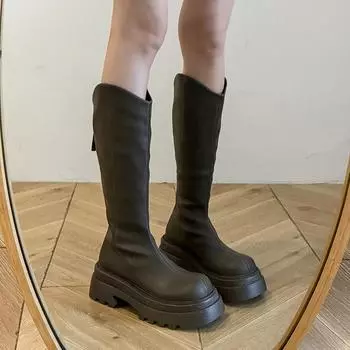 Винтажные женские сапоги на платформе до колена, модные туфли с молнией сзади, осень-зима, толстый каблук, женские длинные сапоги в рыцарском стиле 35