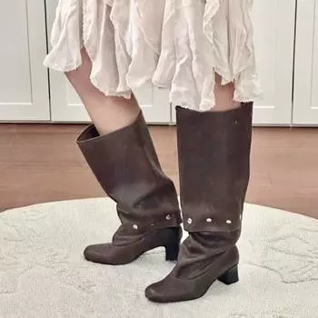 Vintage pleated autumn and winter women s fashion boots sleeve belt buckle women s boots round head flat heel women s boots 35