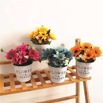 Vintage Potted Sunflower Bonsai With Iron Pot Simulates Artificial Silk Flowers Plants Home Garden Office Decoration синий