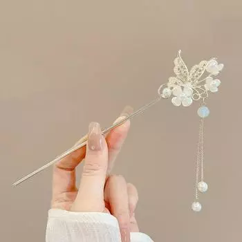 Vintage Purple Crystal Butterfly Tassel Hair Sticks for Women Chinese Style Long Chian Chopstick Hair Clips Hair Bun Headwear
