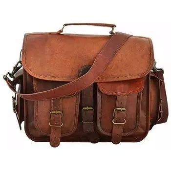 Vintage Raw Goat Leather Tote Men s Briefcase Laptop Case Messenger Shoulder Bag 13 x 10 x 4 in