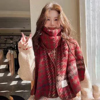 Vintage Red Thousand Bird Grid Scarf Female Winter Student Warm Scarf