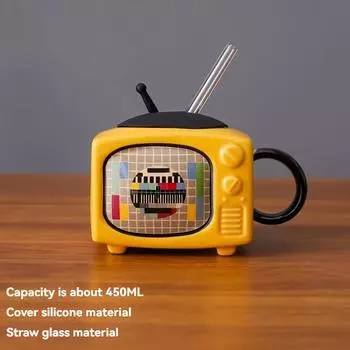 Vintage Retro Television Shaped Ceramic Mug 15.22Oz, Hand Wash Only, Reusable, Glass Straws, Microwave Safe, No BPA, Great Gift for Christmas,