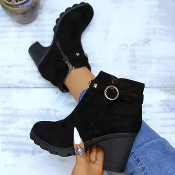 Vintage Rivets High Heel Ankle Boots Women Autumn Winter Suede Short Booties Woman 2024 Side Zip Platform Black Botas Large Size 35 чёрный