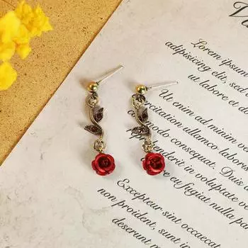 Vintage romantic red rose flower necklace niche flower pendant collarbone chain bracelet stud earrings female