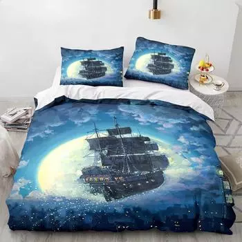 Vintage Sailboat King Queen Duvet Cover Nautical Ocean Bedding Set For Teens Adults Ship Fire Black 2/3pcs Polyester Quilt Cover EU single(135x200cm)