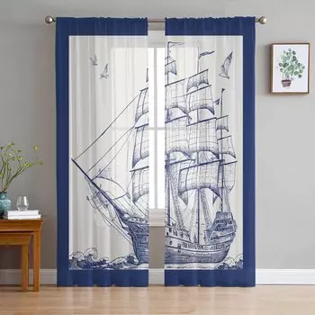 Vintage Sailing Ship Seagull Sheer Curtains for Living Room Decoration Window Curtains for Kitchen Tulle Voile Organza Curtains W135 x H115cm x1