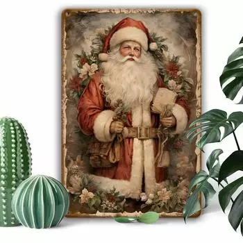 Vintage Santa Metal Wall Sign - Rustic Christmas Decor Aluminum Hanging Art Poster 11.9 x 7.9 чёрный