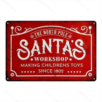 Vintage Santa s Workshop Metal Sign Rustic Holiday Wall Decor,Holiday Christmas Plaque, Waterproof and Weather Resistant 20x30cm бордовый