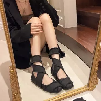 Vintage square head ballet shoes women s 2024 summer French fringed cross strap shallow mouth flat bottom Mary Jane single shoes 35 чёрный