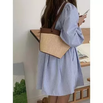 Винтажные соломенные лоскутные кожаные сумки через плечо, летняя плетеная пляжная сумка-ведро в стиле бохо, повседневные сумки с верхней ручкой для женщин на берегу моря