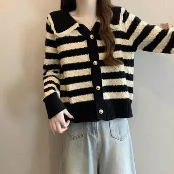 Vintage Striped Lapel Jacket Women s Autumn Large Size Loose and Skinny Knitted Cardigan Women s Sweater one size fits all