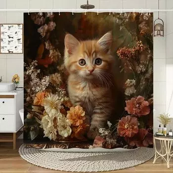 Vintage Style Cute Cat Shower Curtain Watercolour Blooming Flowers Polyester Fabric Home Bath Curtains Bathroom Decor with Hooks 90x180cm35x71in