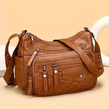 Vintage Style Faux Leather Messenger Bag for Women Water-Resistant Multi-Pocket Crossbody Handbag with Polyester Lining