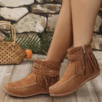 Vintage Tassels Western Boots for Women Rivet Decor Flat Heels Ankle Boots Woman Size Zipper Non Slip Short Booties Mujer 2024 36 чёрный