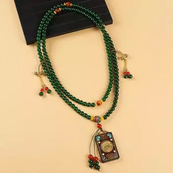 Vintage thangka necklace green agate beaded niche high-end messenger chain cheongsam accessories women
