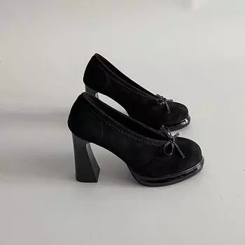 Vintage thick heel bow super high heels summer temperament suede fashion round head women Mary Jane single shoes 35