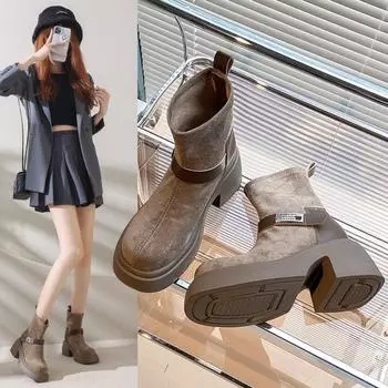 Vintage thick-soled thin thick-heeled fashion boots women s 2024 autumn suede temperament British style sleeve medium heel thin boots 35 чёрный