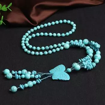 Vintage Turquoise Necklace Sweater Chain Long Butterfly Plate Necklace Rice Bead Turquoise Necklace