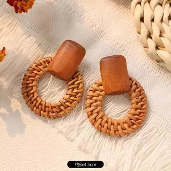 Vintage Vacation Rattan Earrings Niche Geometric Design Seaside Beach Bohemian Straw Earrings Women