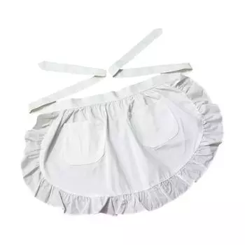 Vintage Waist Apron for Women with Pockets Ruffled Frilly Design Waitress Maid Costume Half Apron for Kitchen and Baking белый