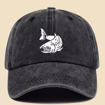 Vintage washed baseball cap with white koi fish print, adjustable street style, versatile for daily use