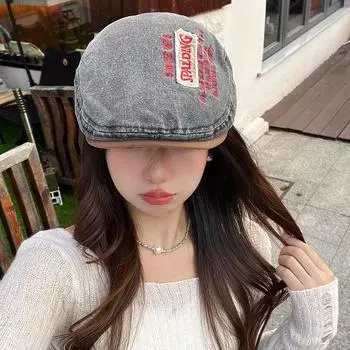 Vintage washed denim forward hat fashion letter embroidery couple beret spring and autumn duckbill hat women Adjustable чёрный