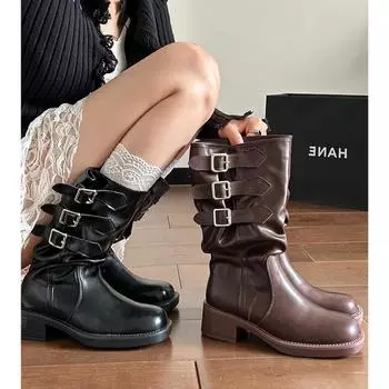 Винтажные зимние женские ковбойские сапоги в стиле вестерн, модные рыцарские сапоги с пряжкой на поясе, элегантные женские сапоги на толстом каблуке 35
