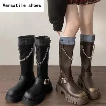 Vintage Women Knight Long Boots Fashion Elegant Belt Buckle Shoes Platform Thick Heel Women s Western Knee-High Booties 35