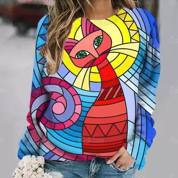 Винтажные женские футболки с длинными рукавами, с рисунком кошки, с круглым вырезом, хлопковые топы, весна/осень, повседневная свободная повседневная женская одежда, пуловер S