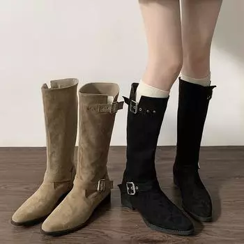 Vintage Women Western Cowgirl Boots Fashion Belt Buckle Shoes Autumn Winter Low Heel Women s Knight Long Booties 35