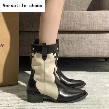 Винтажные женские ковбойские сапоги в стиле вестерн, модные туфли с острым носком, осень-зима, толстый каблук, женские короткие ботильоны 35