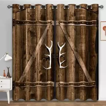 Vintage Wood Door Window Curtains Rustic Brown Retro Style Design for Bedroom Living Room Grommet Window Drapes 2 Panel Set (W50H130cm)-2pcs&Hook