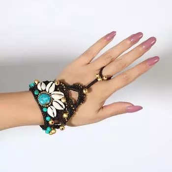 Vintage woven bracelet Bohemian women s personality turquoise bell bracelet ring integrated accessories