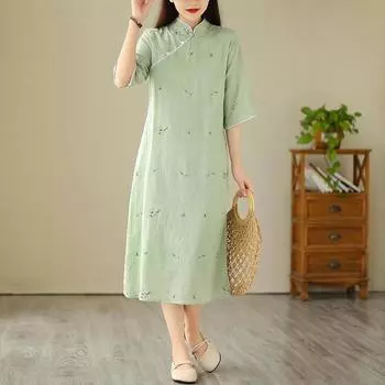 Винтаж 2025 года, весна и лето, новая мода, напечатанная диагональная планка, воротник-стойка, платье из рами, платье-ципао для женщин M