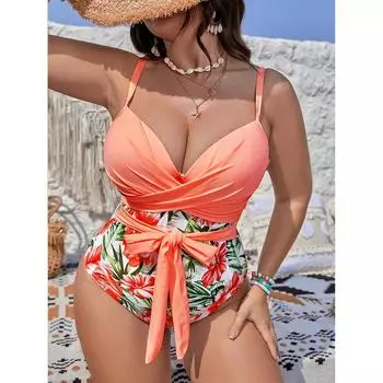 Винтаж цельный купальник размера плюс, купальник с эффектом пуш-ап, женский купальный костюм, пляжная одежда на бретельках, купальные костюмы для женщин 0XL оранжевый