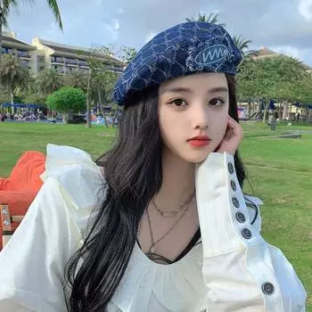 Винтаж кожаный лейбл джинсовый берет шляпа женский летний Интернет знаменитость уличный снимок мода универсальный показ лицо прилив M (56-58cm) -ww Denim Bere темно-синий