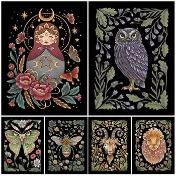 Винтаж Летучая мышь Кошка Коза Еж Лев Змея Народное животное Искусство Печать Настенное искусство Украшения Плакат И Печать Холст Картина Без Рамки 21*30cm No Frame