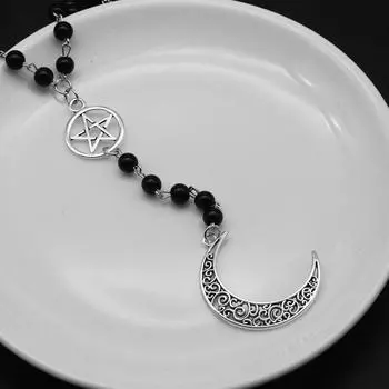 Винтаж Серебристый Лунный Крест Пентаграмма Полый Кулон Четки Ожерелье Готические Ювелирные Изделия Универсальные Вечерние Путешествия Повседневная Одежда Стиль Ювелирные Изделия Подарок