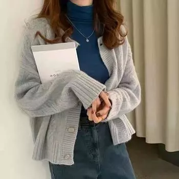 Винтаж Женские кардиганы свитер с круглым вырезом весна осень повседневный свободный вязаный кардиган однобортный женские свитера пальто One Size