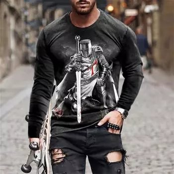 Винтажная 3D-принтовая летняя мужская футболка с круглым вырезом и длинным рукавом, повседневная футболка свободного покроя, модная мужская одежда S