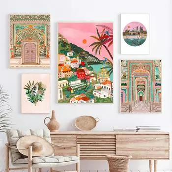 Винтажная акварель, марокканская архитектура, крыльцо, настенная живопись на холсте, картина для гостиной, домашнего декора, постеры и принты 21X30cm No Frame