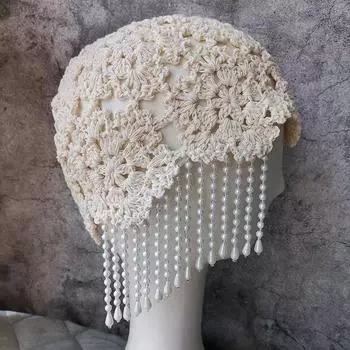 Винтажная экзотическая жемчужная длинная кисточка модная шляпа ручной работы вязаная повязка на голову с цветком женская весенняя шапка-косынка дыня кожаная шляпа бежевый