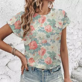 Винтажная элегантная футболка с цветочным принтом 3D, летняя свободная женская футболка, уличная мода, новая футболка с круглым вырезом S