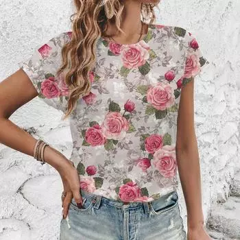 Винтажная элегантная футболка с цветочным принтом, верхняя часть 2024 года, летняя дышащая свободная женская футболка, уличная мода, новая футболка с круглым вырезом XXS