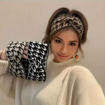 Винтажная элегантная широкая повязка на голову с узором «гусиная лапка», шикарная спортивная теплая повязка на голову для женщин, аксессуар для волос с перекрестным узлом белый