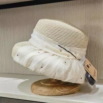 Винтажная элегантная шляпа от солнца в стиле Хепберн, украшение из органзы, сшитое из бисера, однотонное, пляжное, праздничное, большая кепка от солнца 56-58cm чёрный