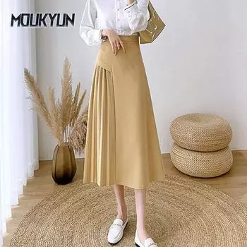 Винтажная элегантная юбка А-силуэта женская весенняя офисная OL высокая талия длинные юбки корейская мода желтый плиссированный женский Faldas L чёрный