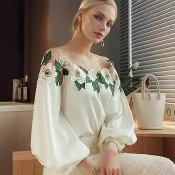 Винтажная элегантная вышитая атласная блузка, женская модная сетчатая блузка в стиле пэчворк, свободные рубашки для женщин, повседневные высококачественные блузки с рукавами-фонариками, новинка 24976 M бежевый